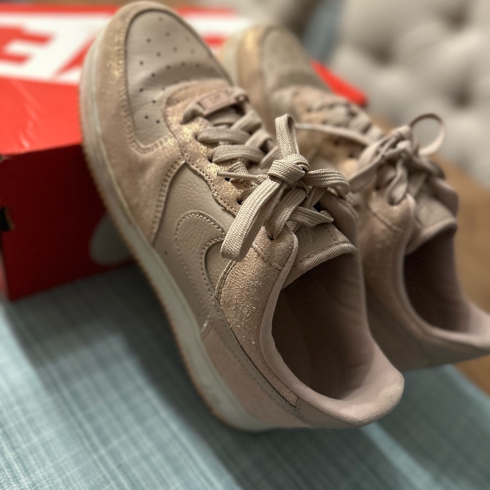 Gently used Nike Air Force 1, Blush Suede and leather. Womens size 8.5